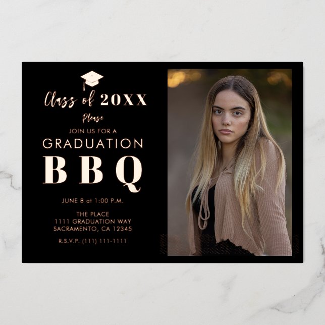 Rose Gold & Black Real Foil Graduation Party BBQ Invitation (Front)