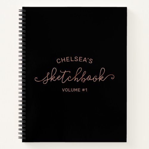 Rose Gold Black Script Calligraphy Name Sketchbook Notebook