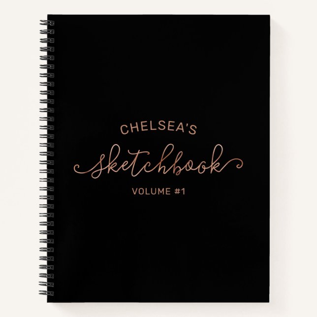 Rose Gold Black Script Calligraphy Name Sketchbook Notebook (Front)