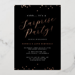 Rose Gold Black Script Confetti Surprise Party Foil Invitation