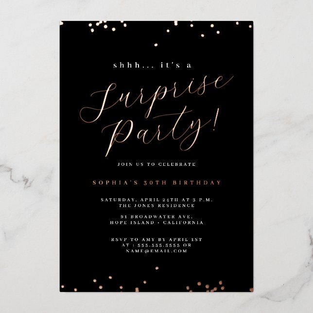 Rose Gold Black Script Confetti Surprise Party Foil Invitation (Front)