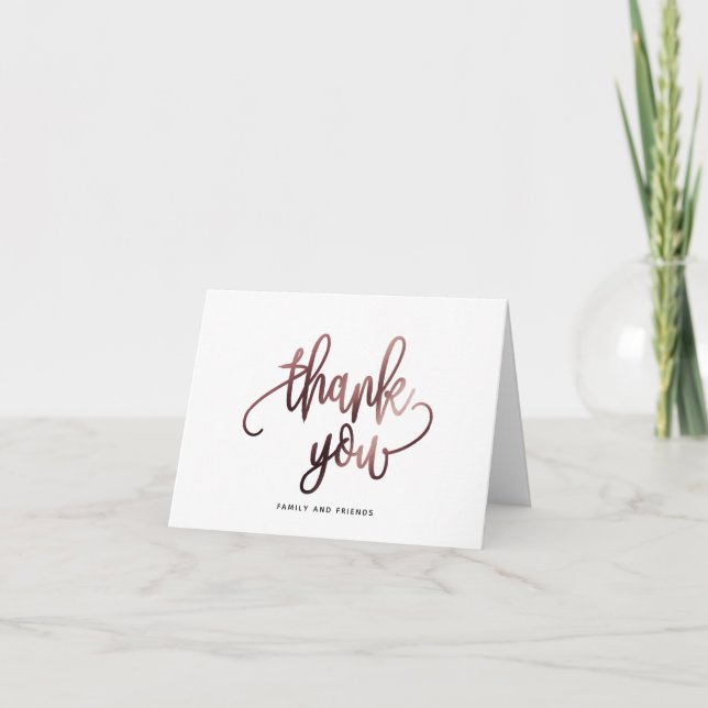Rose Gold Black Script Typography Wedding Letterpress Thank You Card (Front)