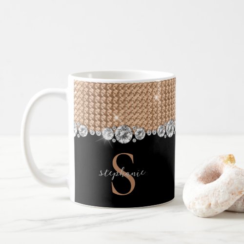Rose Gold Black Shiny Diamonds Monogram Custom Coffee Mug