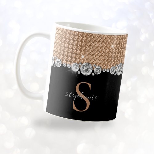 Rose Gold Black Shiny Diamonds Monogram Custom Coffee Mug