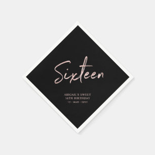 Rose gold Black Sixteen Sweet 16th Birthday Party Napkins