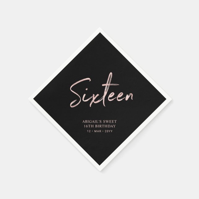Rose gold Black Sixteen Sweet 16th Birthday Party Napkins (Corner)