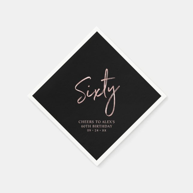 Rose gold & Black Sixty Adult 60th Birthday Party Napkins (Corner)