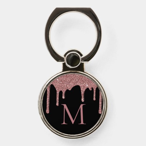 Rose Gold Black Sparkle Glitter Drips Monogram Phone Ring Stand