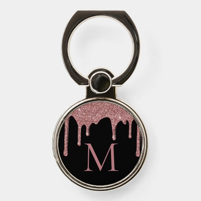 Rose Gold Black Sparkle Glitter Drips Monogram Phone Ring Stand (Front)