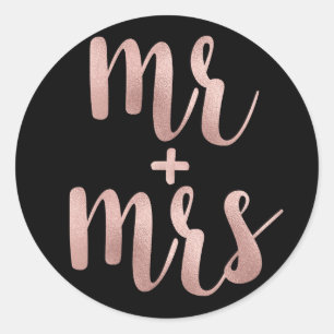 Rose gold & black stickers, Mr & Mrs, foil font Classic Round Sticker