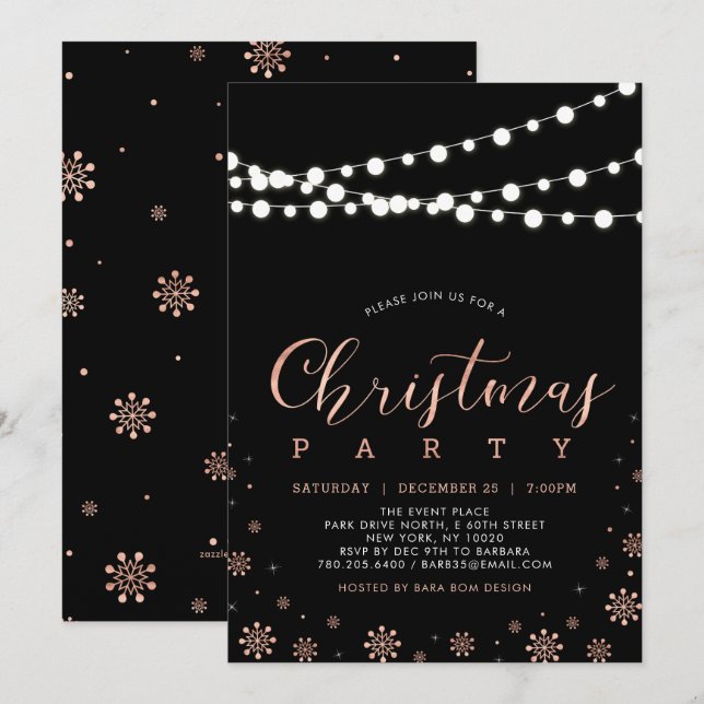 Rose Gold & Black | String Lights Christmas Party Invitation (Front/Back)
