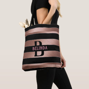Rose Gold Black Striped Gift Monogram HER Tote Bag
