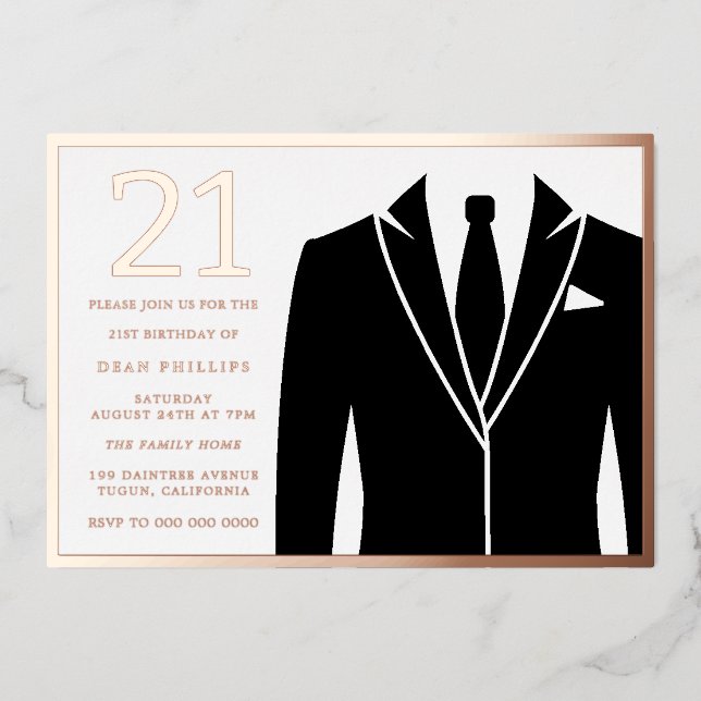 Rose Gold & Black Suit & Tie 21st Birthday Party Foil Invitation (Front)