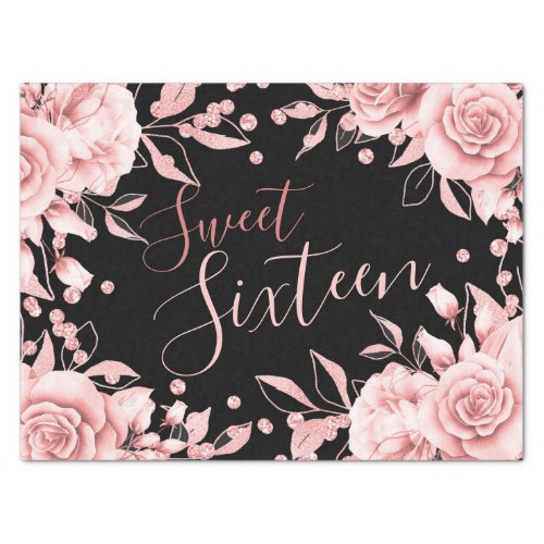 Rose Gold Black Sweet 16 Birthday Party Floral Tissue Paper