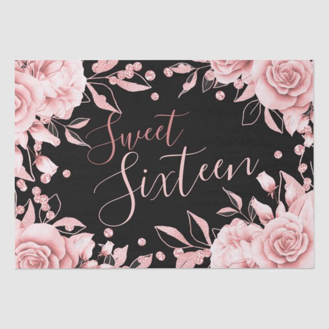 Rose Gold Black Sweet 16 Birthday Party Floral Tissue Paper (Front)