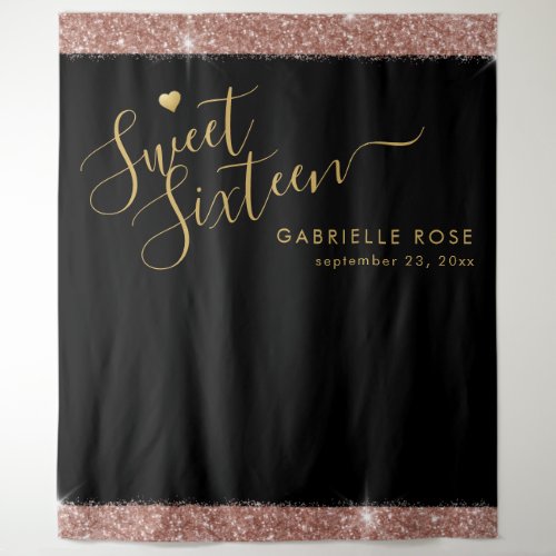 Rose Gold Black Sweet 16 Glitter Confetti Backdrop