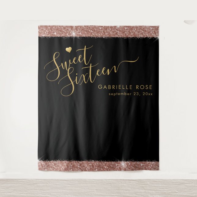 Rose Gold Black Sweet 16 Glitter Confetti Backdrop (Front)