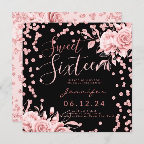 Rose Gold Black Sweet 16 Glitter Confetti Floral Invitation