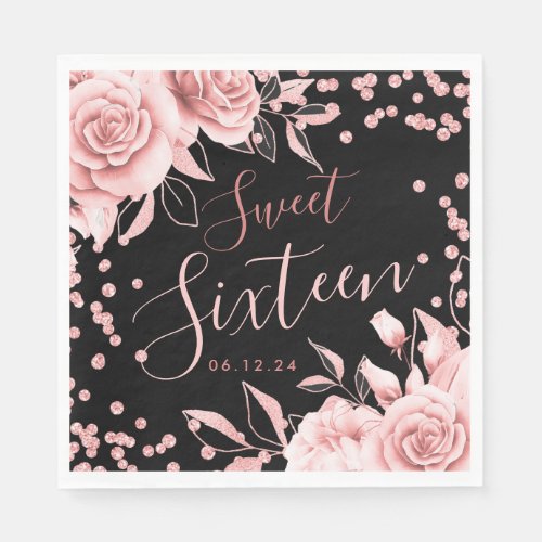 Rose Gold Black Sweet 16 Glitter Confetti Floral Napkins