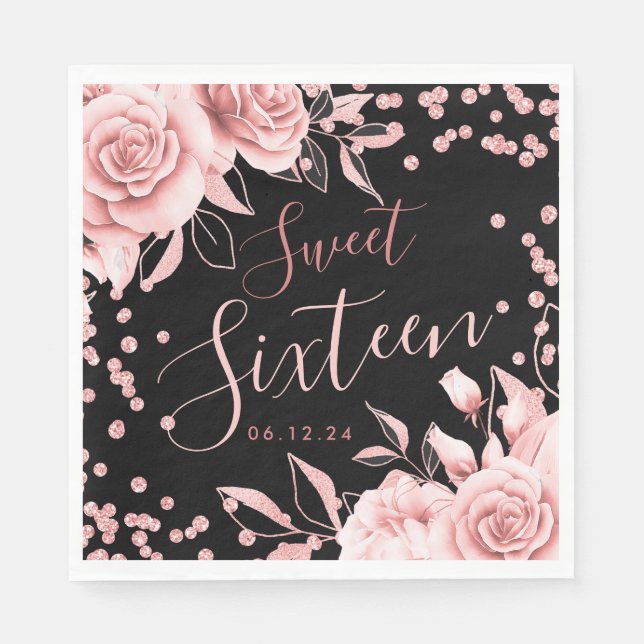 Rose Gold Black Sweet 16 Glitter Confetti Floral Napkins (Front)