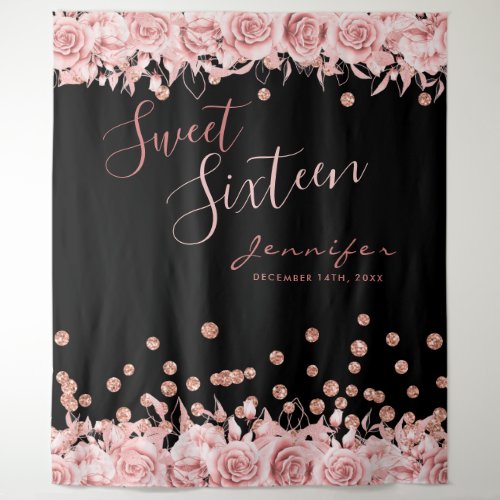 Rose Gold Black Sweet 16 Glitter Confetti Floral Tapestry