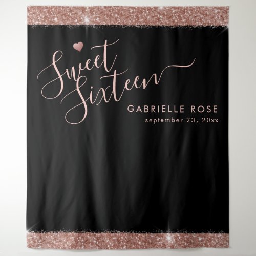 Rose Gold Black Sweet 16 Glitter Photo Backdrop