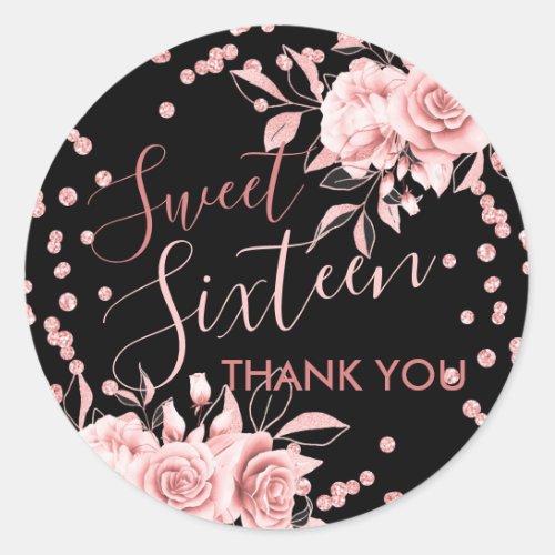 Rose Gold Black Sweet 16 Thank You Floral Glitter Classic Round Sticker