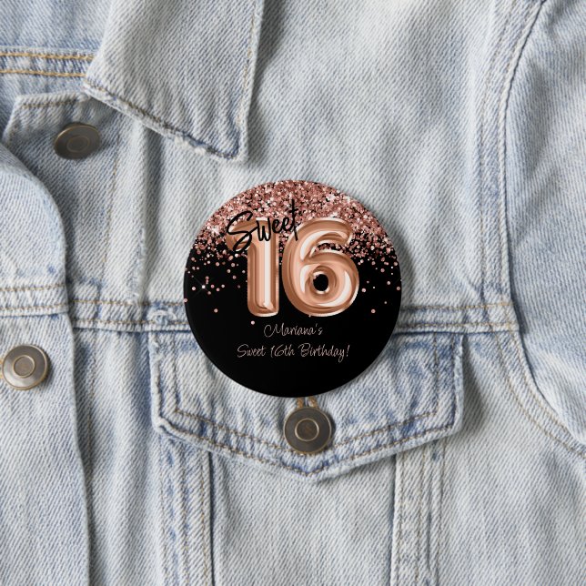 Rose Gold Black Sweet 16th Birthday Party Button (In Situ)