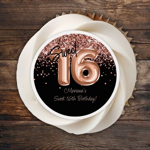 Rose Gold Black Sweet 16th Birthday Party Edible Frosting Rounds