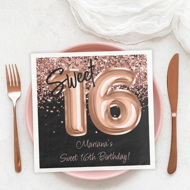 Rose Gold Black Sweet 16th Birthday Party Paper Dinner Napkins (Creator Uploaded)