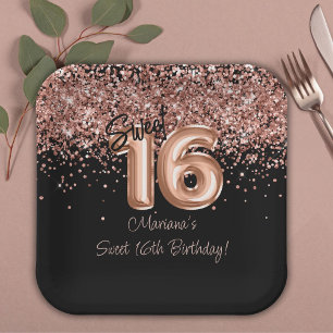 Rose Gold Black Sweet 16th Birthday Party Paper Plates