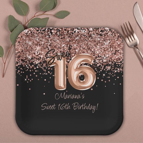 Rose Gold Black Sweet 16th Birthday Party Paper Plates