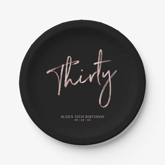 Rose Gold & Black Thirty 30th birthday Party Paper Plates (Front)