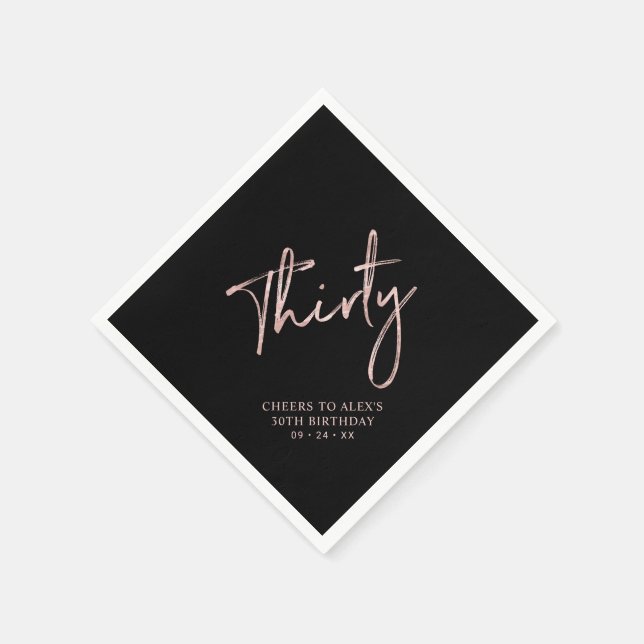 Rose Gold & Black Thirty Adult 30th Birthday Party Napkins (Corner)