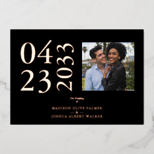 Rose Gold Black Trendy Wedding Photo Real Metallic Foil Invitation