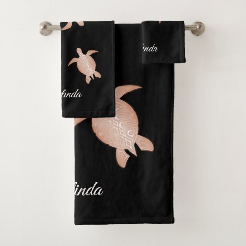 Rose Gold Black Turtles Monogram Bath Towel Set