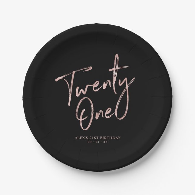 Rose Gold & Black Twenty one 21st Birthday Party Paper Plates (Front)