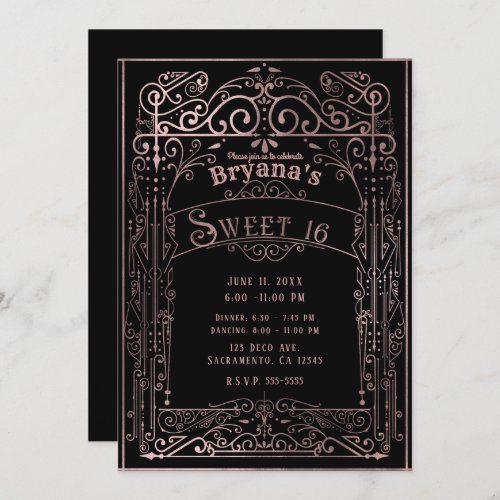 Rose Gold Black Vintage Victorian Deco Sweet 16 Invitation