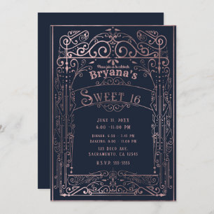 Rose Gold Black Vintage Victorian Deco Sweet 16 Invitation