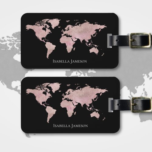 Rose Gold Black Watercolor World Map Custom Name Luggage Tag