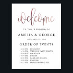 Rose Gold black welcome order of events  Poster<br><div class="desc">This is a beautiful portrait poster welcome order of events wedding sign featuring script text in black and rose gold texture.</div>