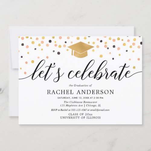 Rose gold black white confetti graduation party invitation