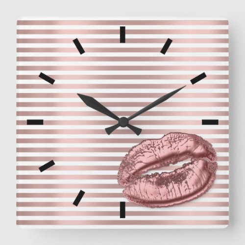 Rose Gold Black White Kiss Lips Stripes Makeup Square Wall Clock