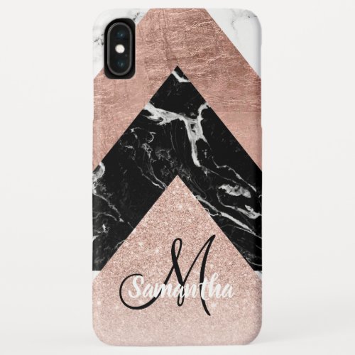 Rose gold black white marble triangles monogram iPhone XS max case