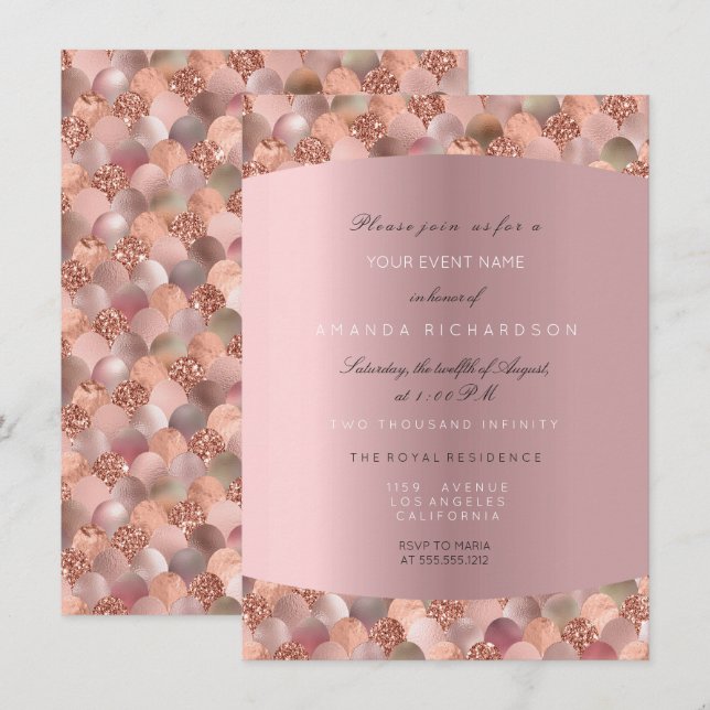 Rose Gold Black White Mermaid Scales Blush Bridal Invitation (Front/Back)