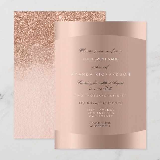 Rose Gold Black White Minimal Glitter Ombre Invitation (Front/Back)