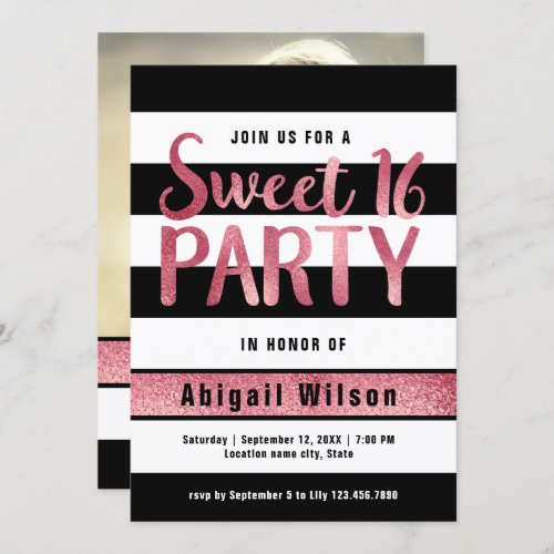 Rose gold black white sweet sixteen birthday party invitation