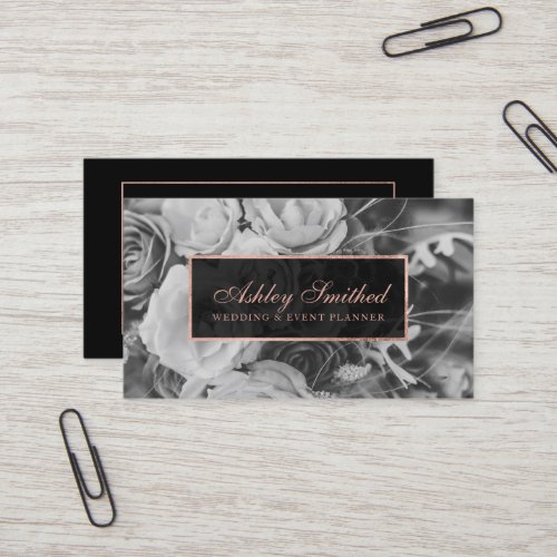 Rose gold black white wedding event planner photo business card