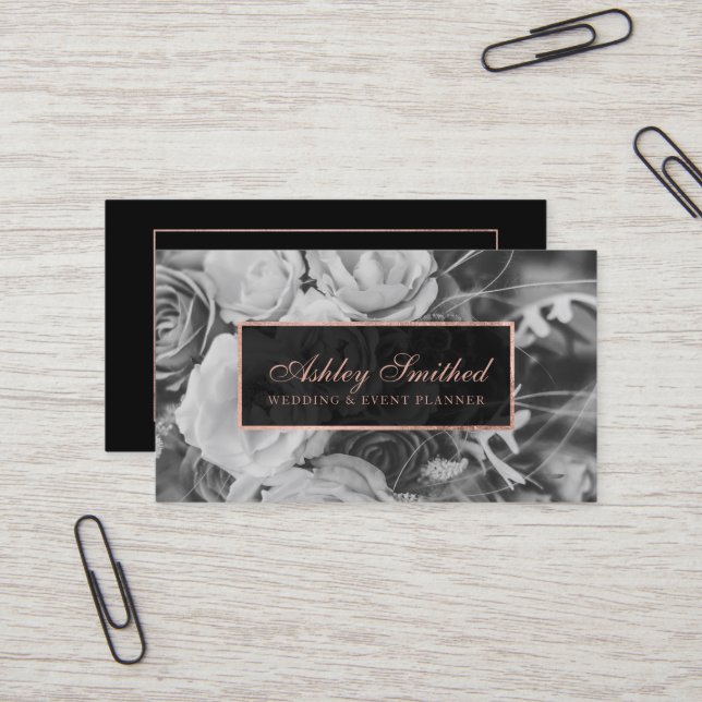 Rose gold black white wedding event planner photo business card (Front/Back In Situ)