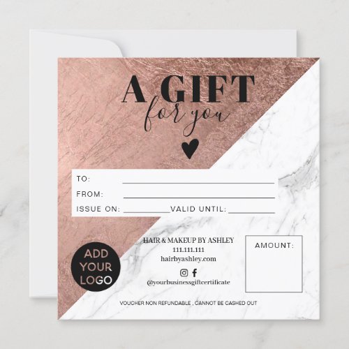 Rose gold block square gift certificate logo